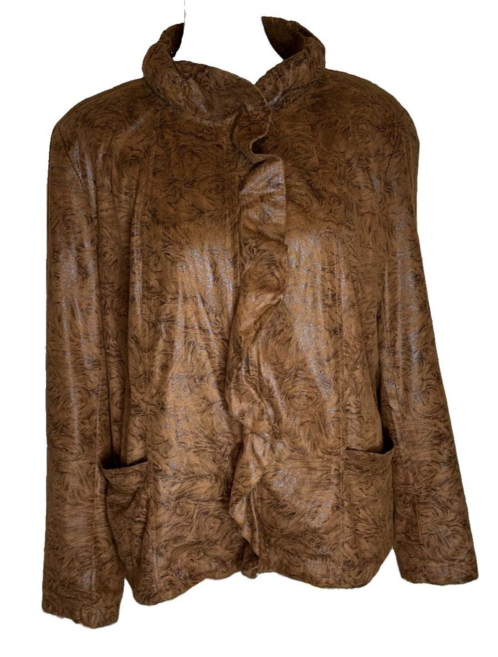 Notations Faux Suede Jacket L Brown Tonal Floral Ruffle Front Autumn Layering